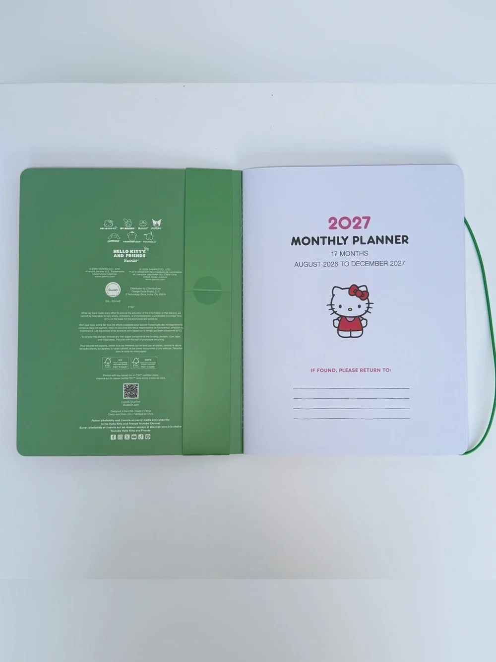 Sanrio Hello Kitty 17-month 2026-2027 Slim Thin Planner (Pink/Green)
